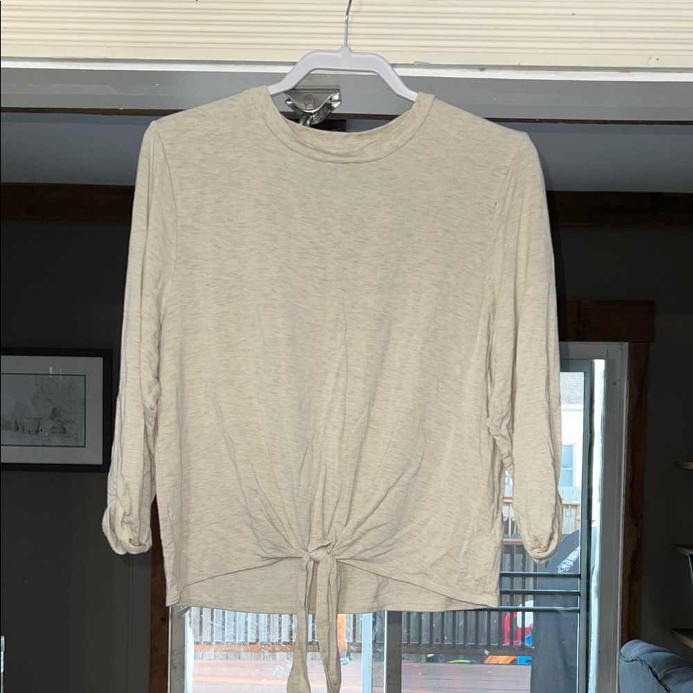 Express Beige Long Sleeve Tie-Front Top